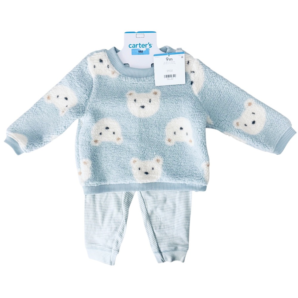 Carter's 2pc Cozy Set Kids 9M Blue New Sherpa Polar Bear Fleece Striped Pants